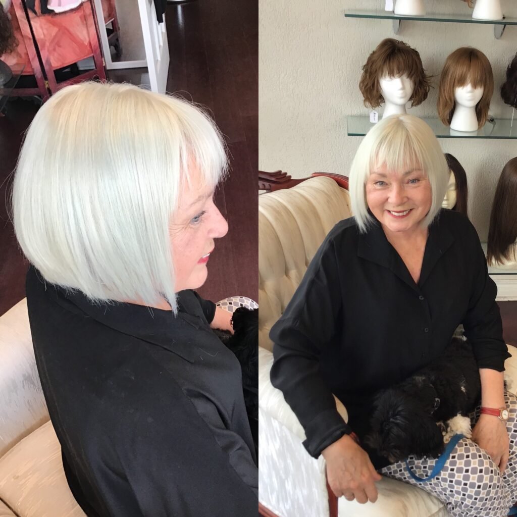 Our client wearing a grey human hair wig