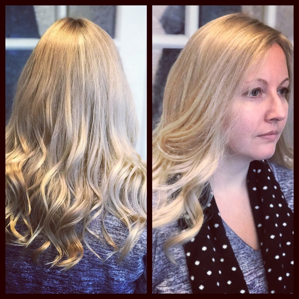 Front and back of our client wearing a blonde wavy wig in our shop