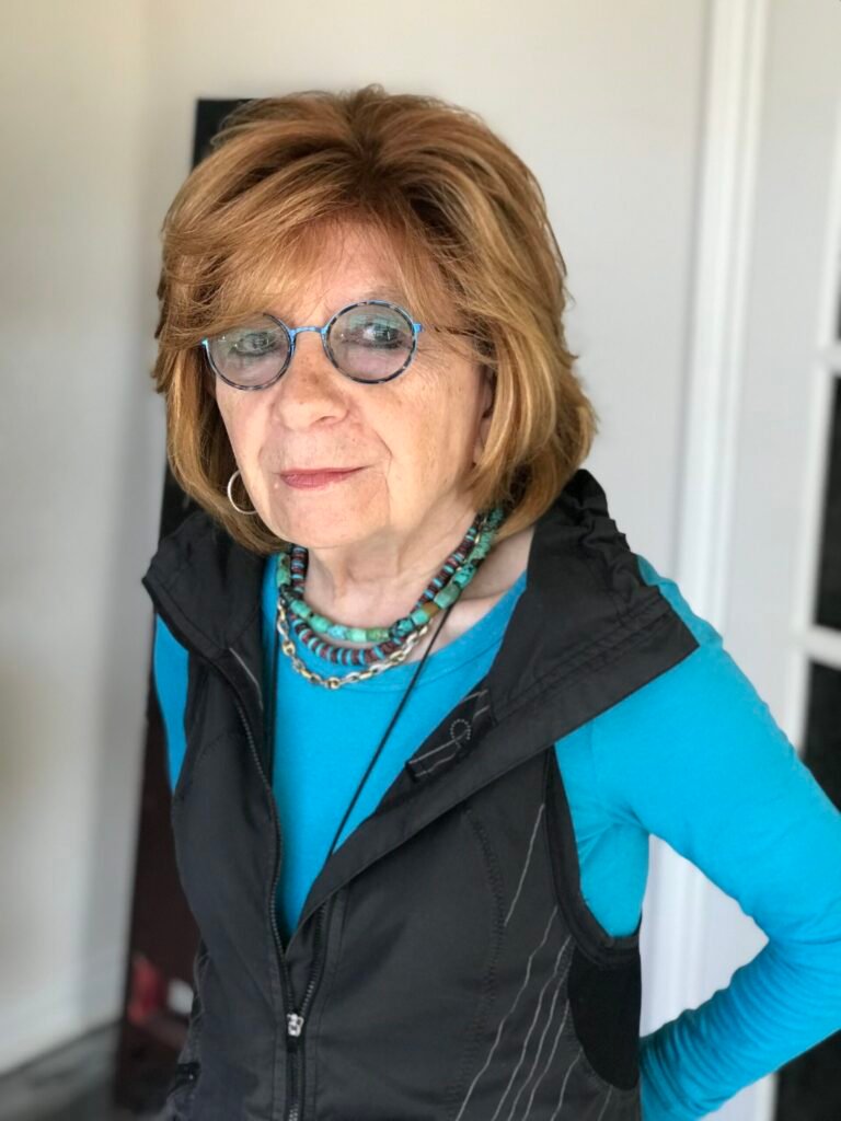 Our client wearing a short blonde wig